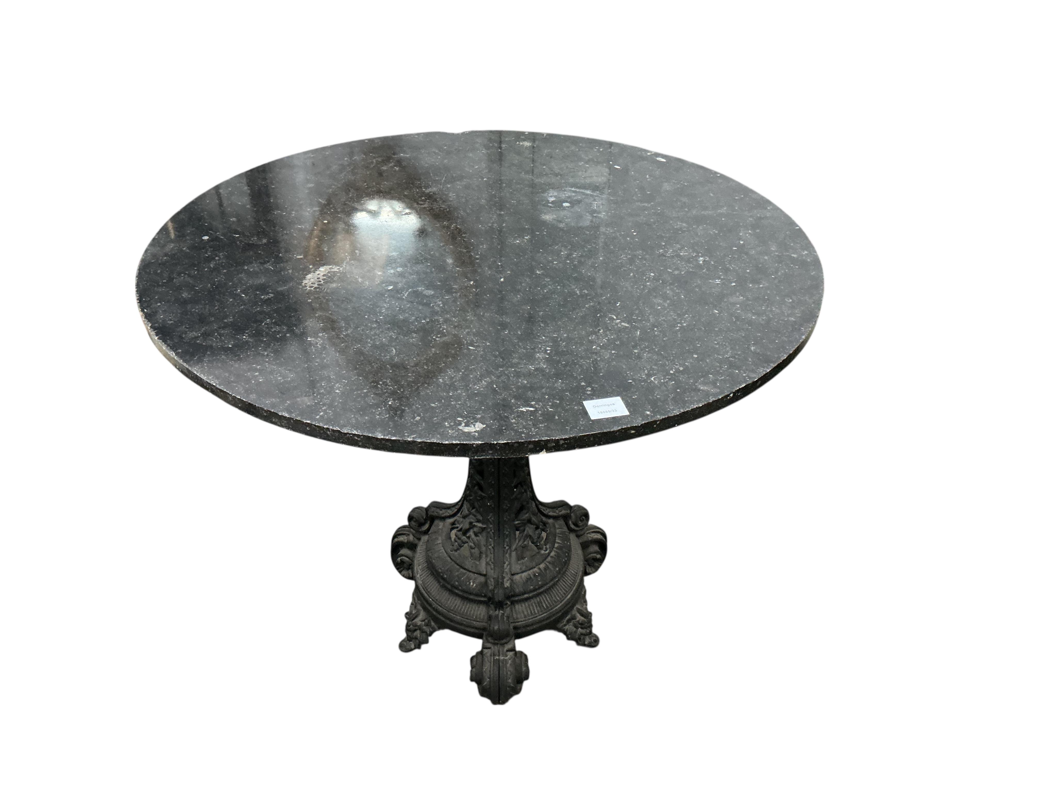 A Victorian and later circular cast iron marble topped centre table, diameter 90cm, height 76cm, Provenance: The late Kenneth Turner (1936-2025), celebrity florist, designer and perfume retailer, he received the Royal Wa